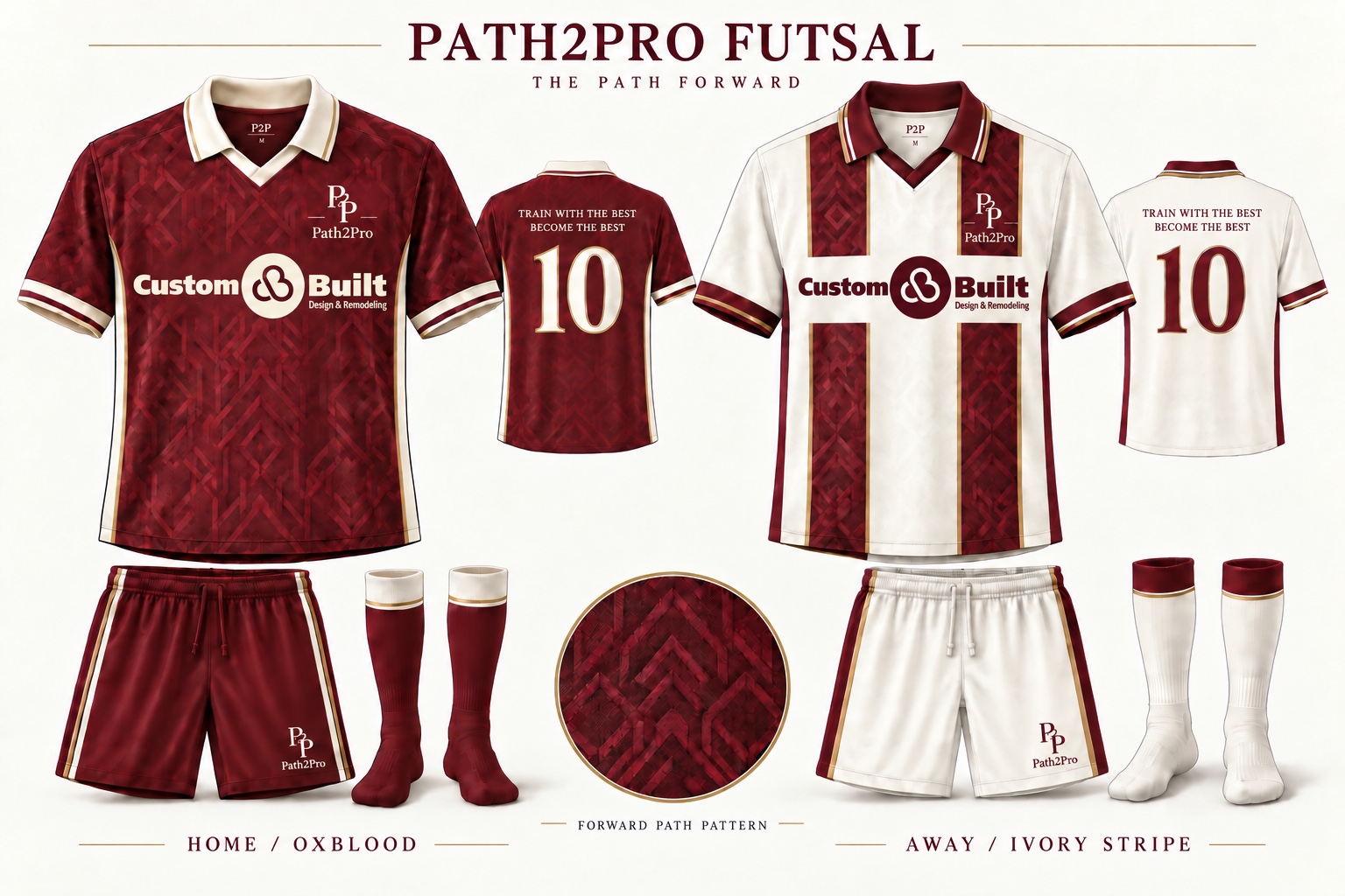 Path2Pro home and away futsal kits in oxblood burgundy and ivory with gold trim